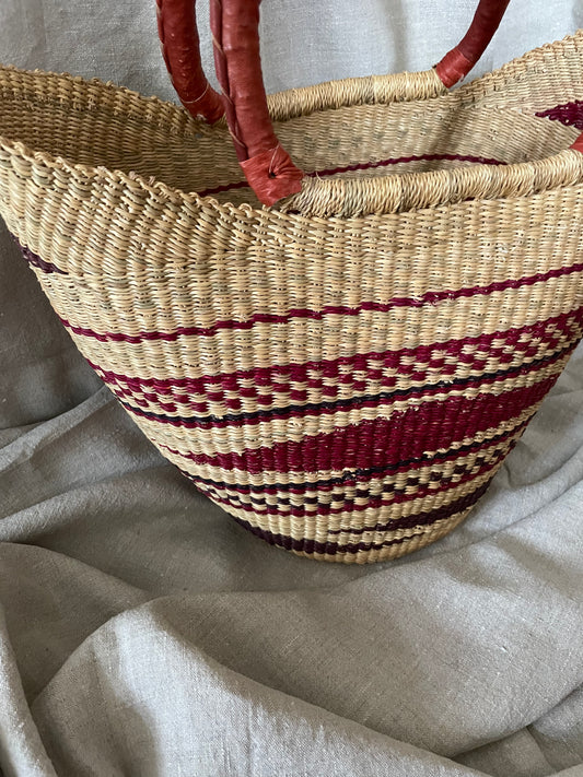 Bolga rieten mand medium naturel/donkerrood