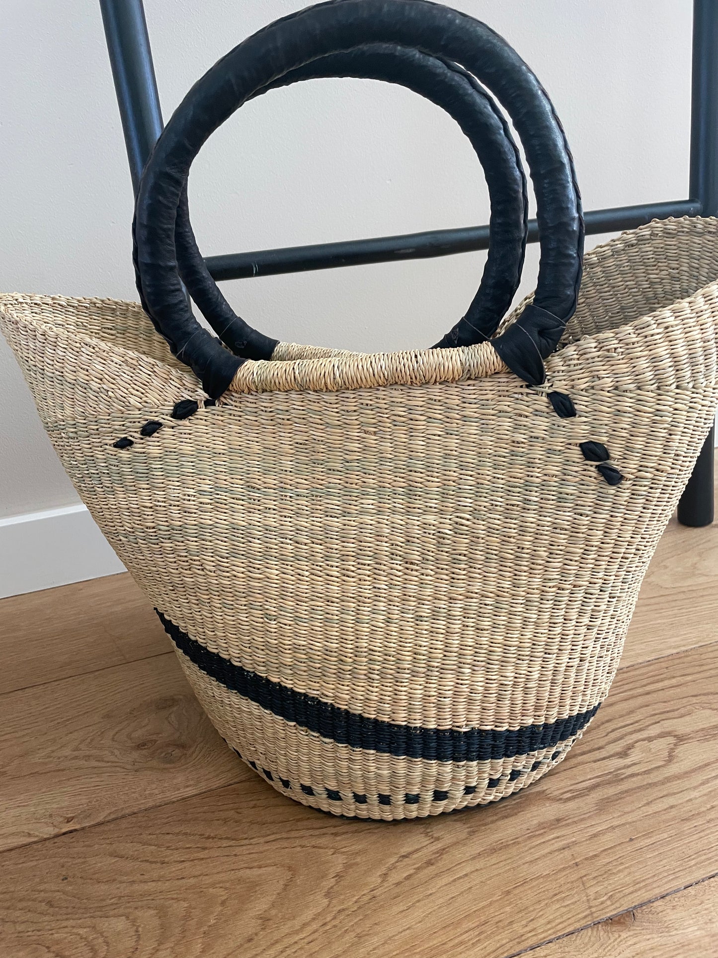 Bolga rieten mand naturel/blauw