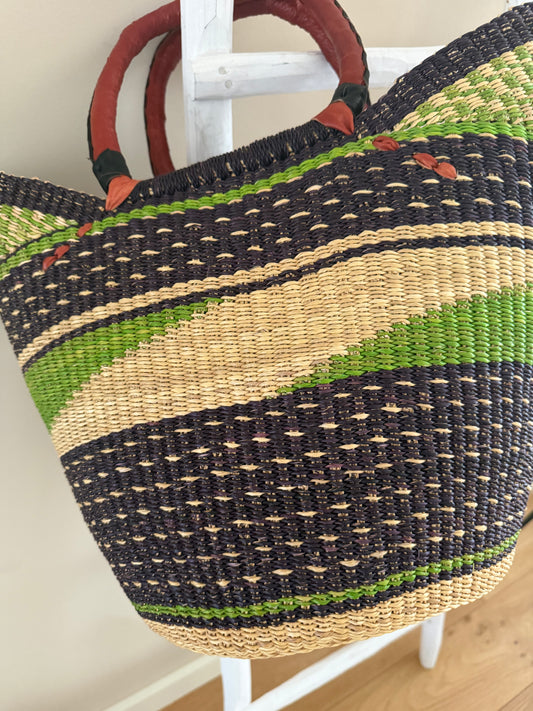 Bolga rieten mand lichtgroen / blauw